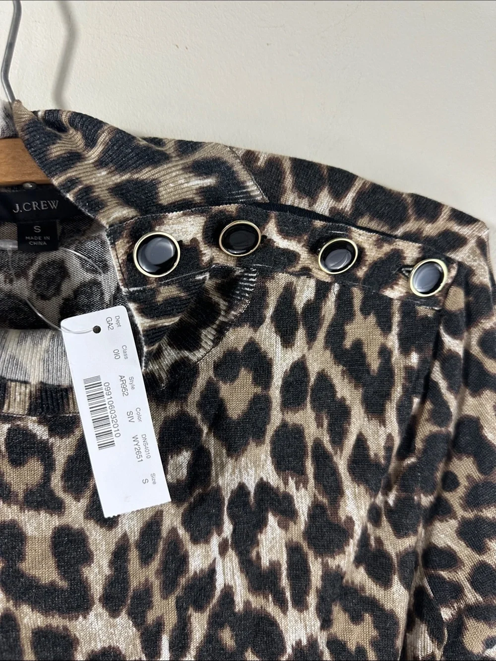 NWT J. Crew Leopard Print Long Sleeve Top Grommet Shoulder Detail Brown/Black